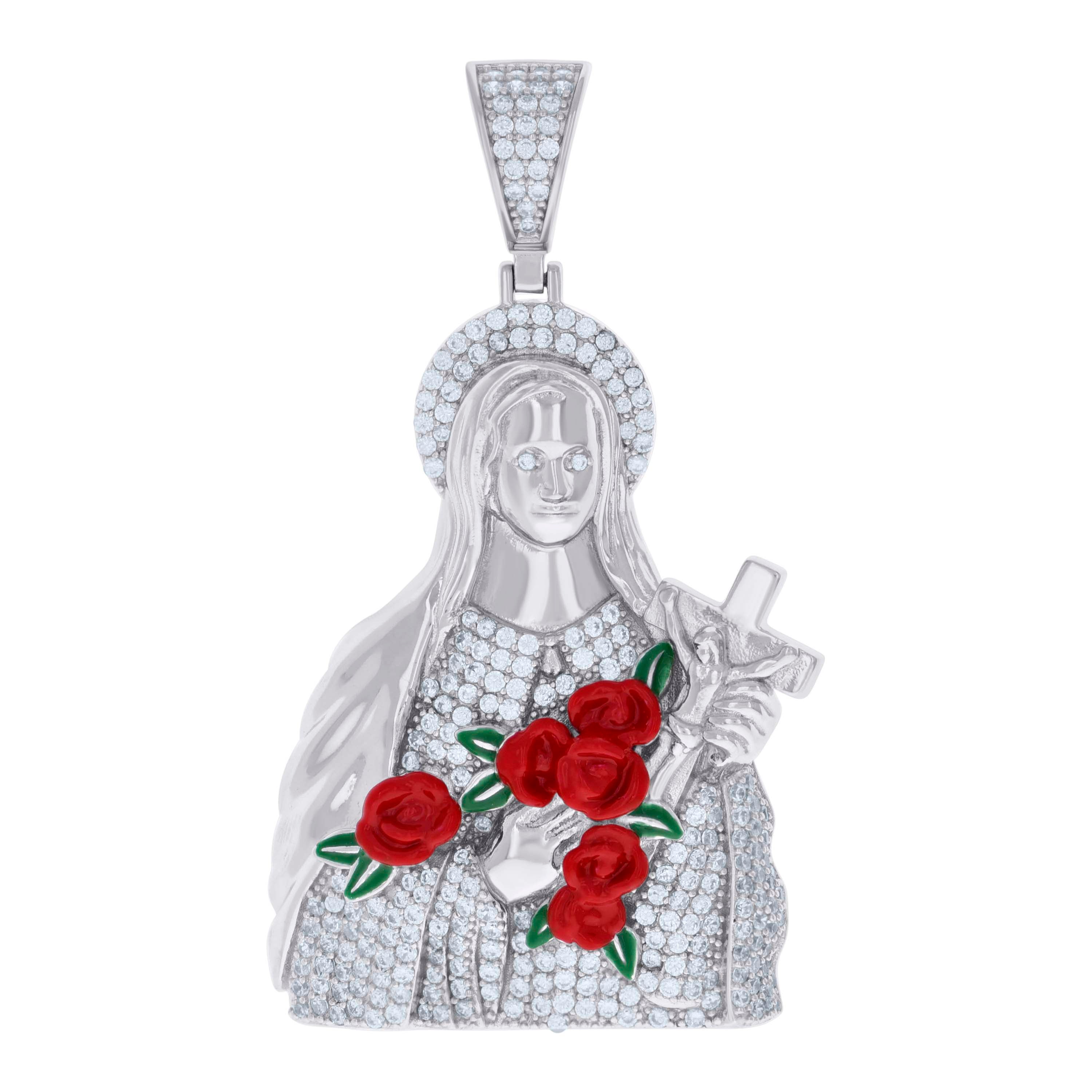 925 Sterling Silver Unisex Cubic-Zirconia Enameled Crucifix Virgin Mary/Guadalupe Religious Charm Pendant