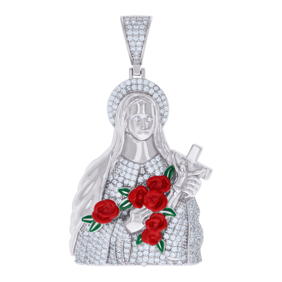925 Sterling Silver Unisex Cubic-Zirconia Enameled Crucifix Virgin Mary/Guadalupe Religious Charm Pendant