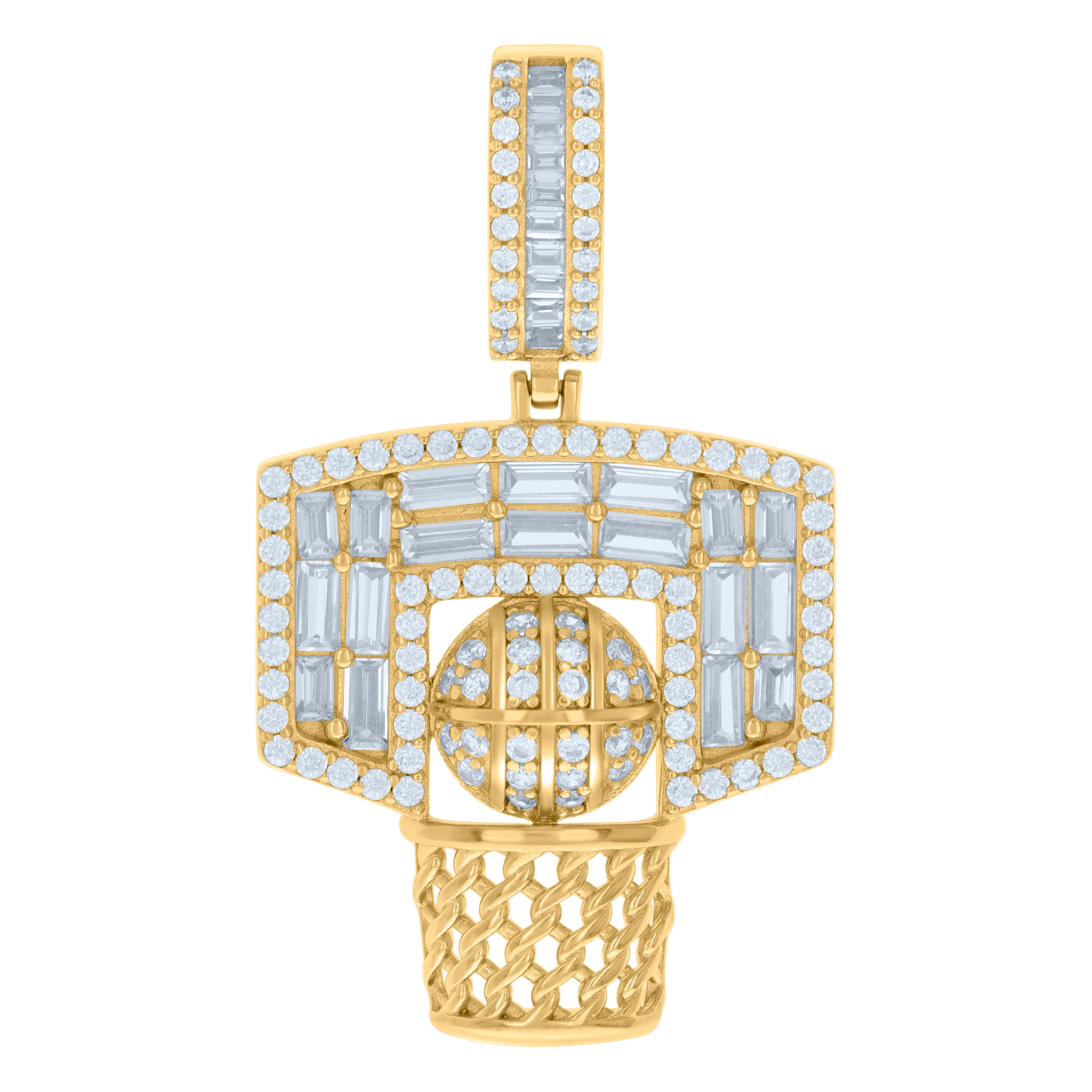925 Sterling Silver Yellow-tone Mens Baguette Round Cubic-Zirconia Basketball Sports Charm Pendant