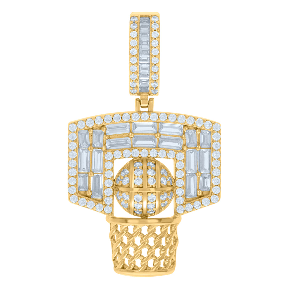 925 Sterling Silver Yellow-tone Mens Baguette Round Cubic-Zirconia Basketball Sports Charm Pendant