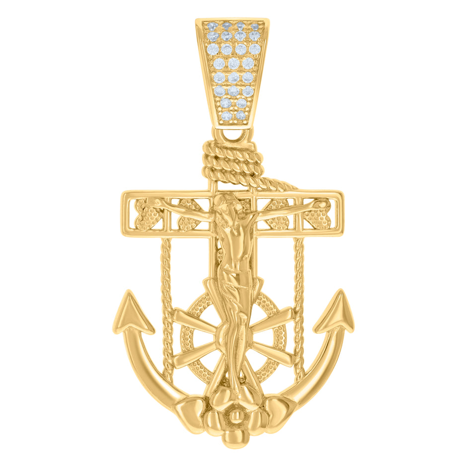 925 Sterling Silver Yellow-tone Mens Round Cubic-Zirconia Anchor Crucifix Religious Charm Pendant