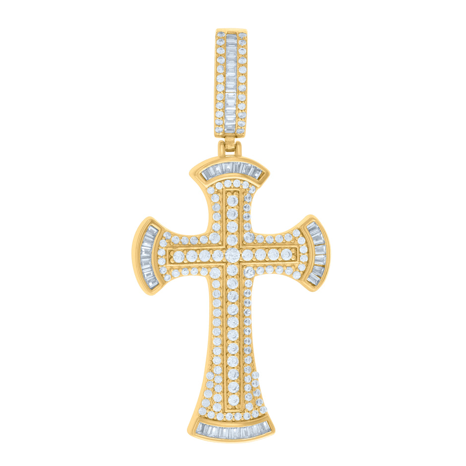 925 Sterling Silver Yellow-tone Mens Baguette Round Cubic-Zirconia Cross Religious Charm Pendant