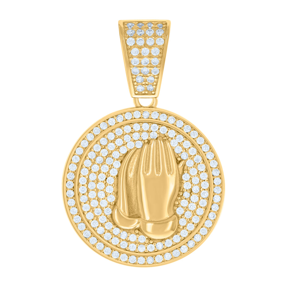 925 Sterling Silver Yellow-tone Mens Cubic-Zirconia Praying Hands Symbol Religious Charm Pendant
