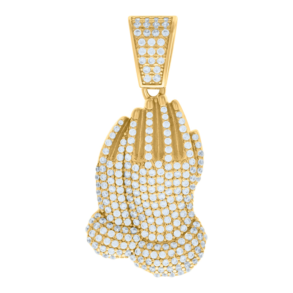 925 Sterling Silver Yellow-tone Mens Cubic-Zirconia Praying Hands Symbol Religious Charm Pendant