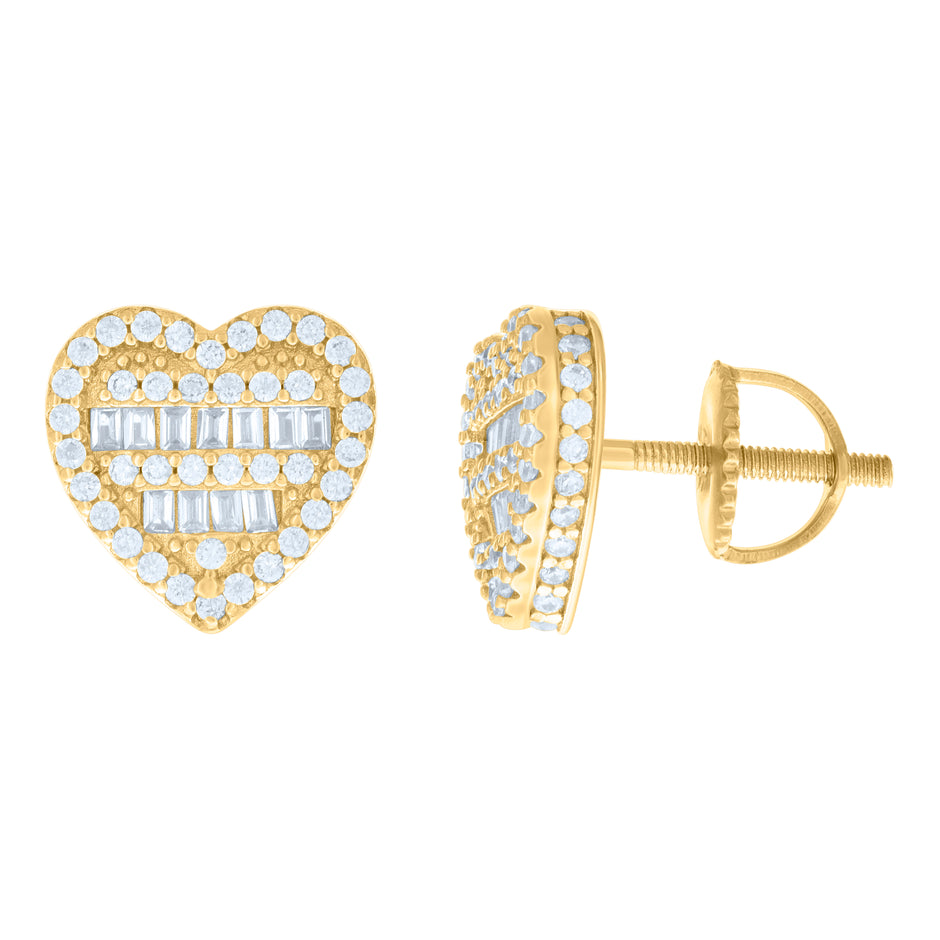 925 Sterling Silver Yellow-tone Womens Baguette Round Cubic-Zirconia Heart Stud Earrings