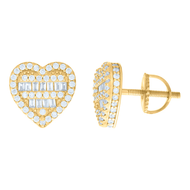 925 Sterling Silver Yellow-tone Womens Baguette Round Cubic-Zirconia Heart Stud Earrings