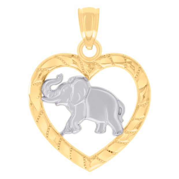 14kt Two-tone Gold Womens Heart Elephant Good Luck Animal Wildlife Charm Pendant