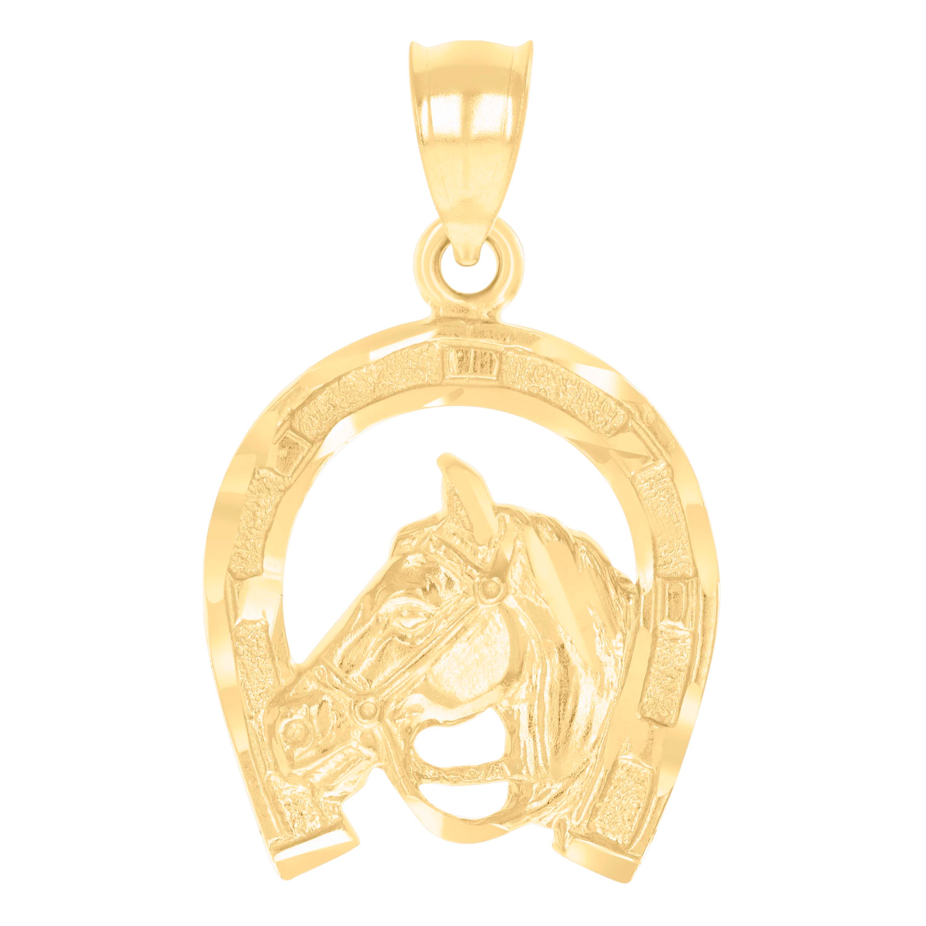 14kt Yellow Gold Unisex Horse Head In Horseshoe Good Luck Charm Pendant 