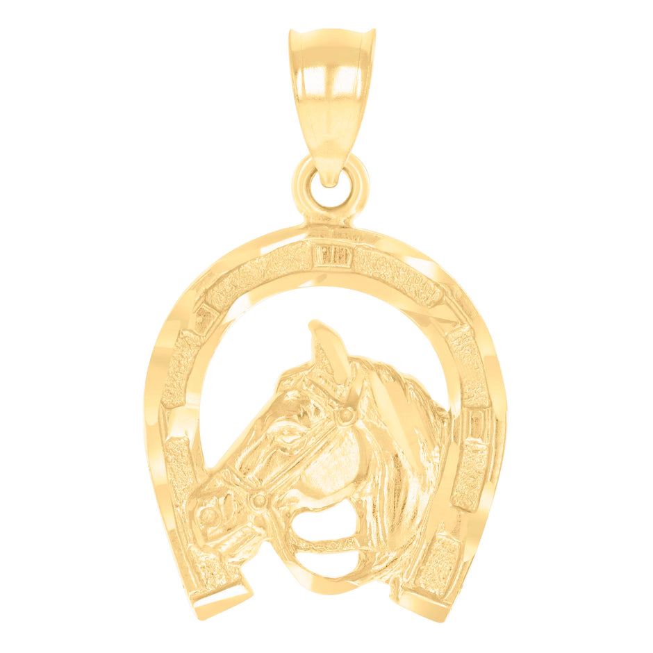14kt Yellow Gold Unisex Horse Head In Horseshoe Good Luck Charm Pendant 