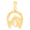 14kt Yellow Gold Unisex Horse Head In Horseshoe Good Luck Charm Pendant 