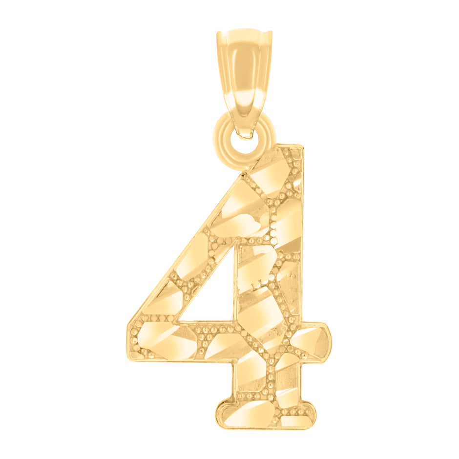 14Kt Yellow Gold Unisex Diamond-cut Nugget Unisex Initial Number 4 Charm Pendant