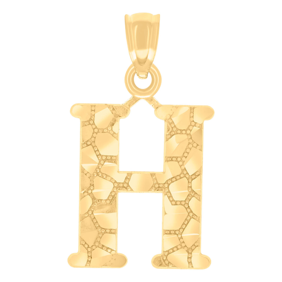 14Kt Yellow Gold Unisex Diamond-cut Nugget Unisex Initial Alphabet H Charm Pendant