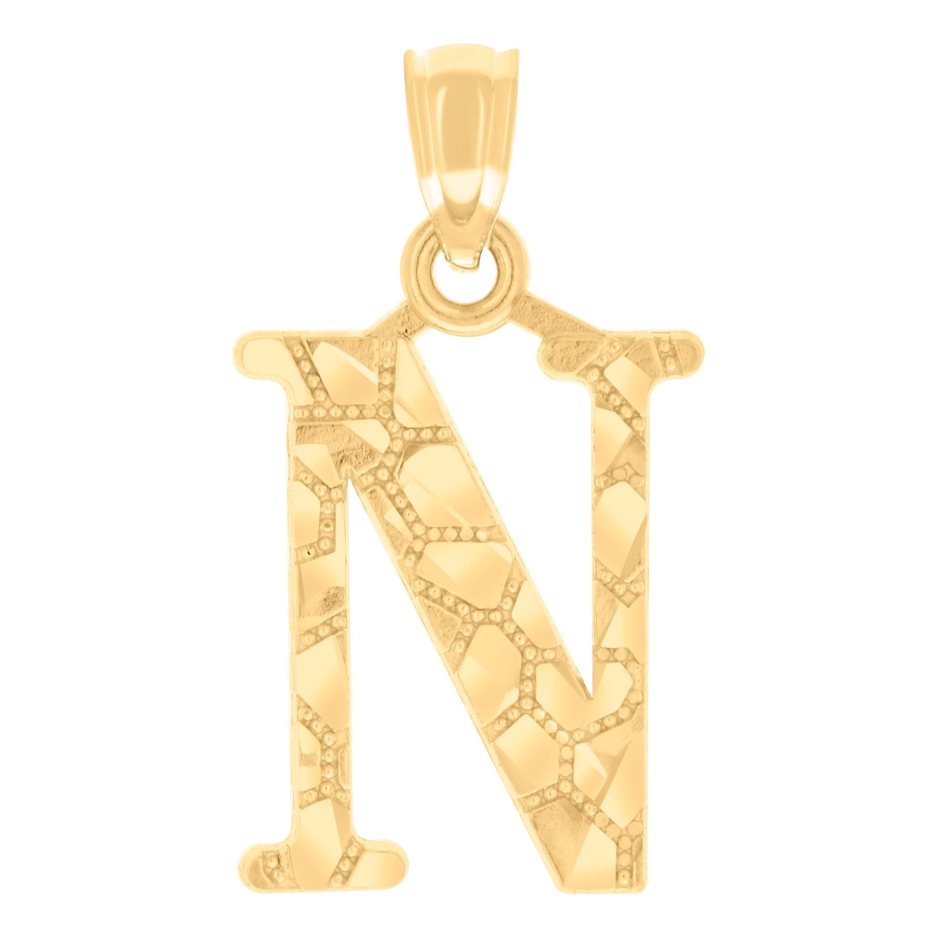 14Kt Yellow Gold Unisex Diamond-cut Nugget Unisex Initial Alphabet N Charm Pendant
