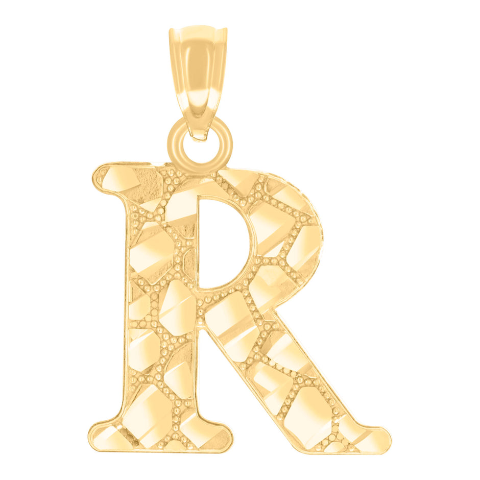 14Kt Yellow Gold Unisex Diamond-cut Nugget Unisex Initial Alphabet R Charm Pendant