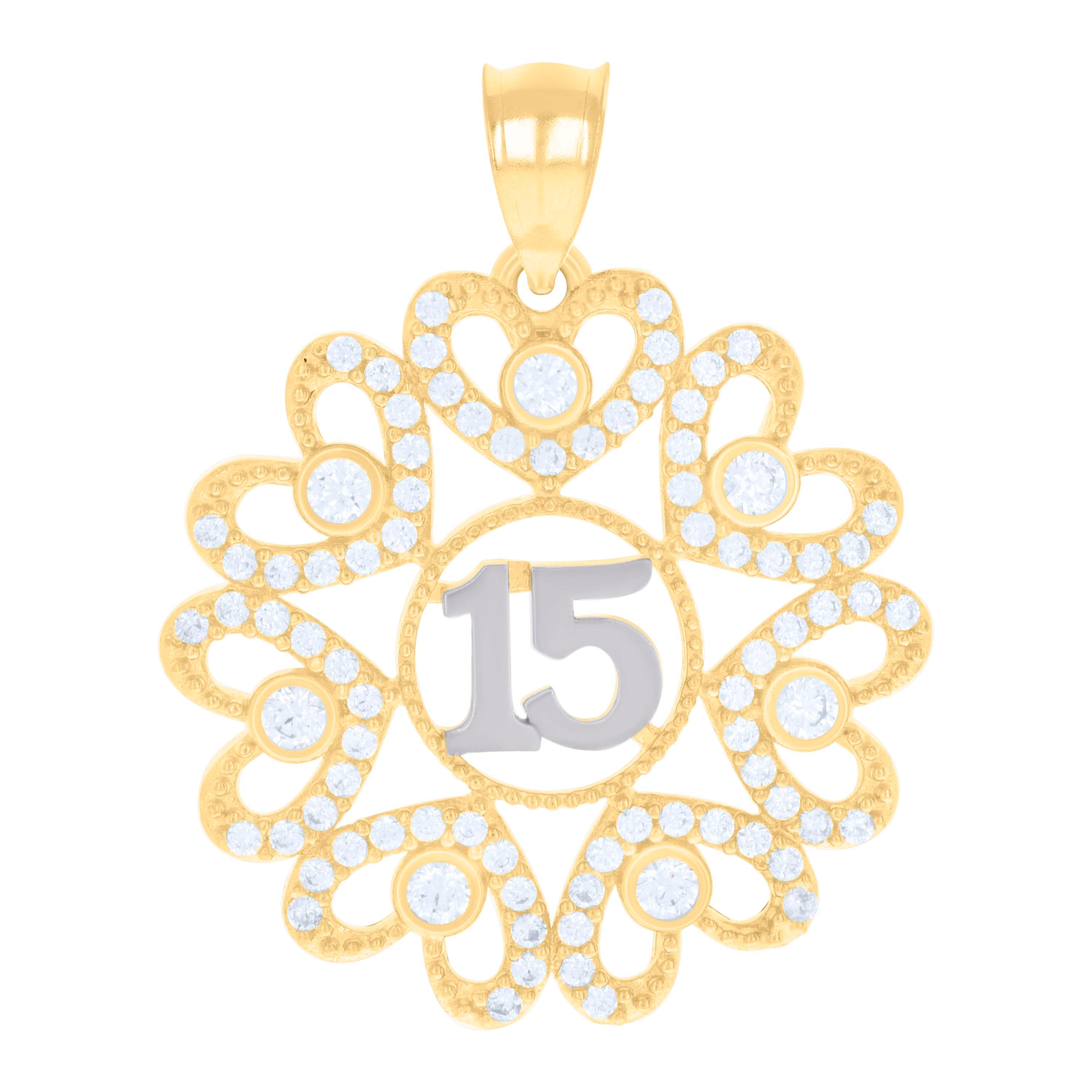 14kt Two-tone Gold Womens Cubic-Zirconia Sweet 15 Hearts Quinceanera Charm Pendant