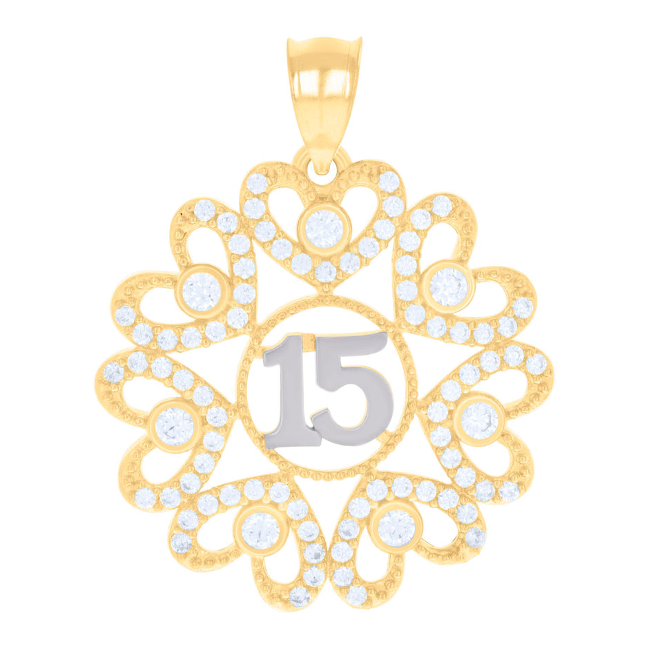 14kt Two-tone Gold Womens Cubic-Zirconia Sweet 15 Hearts Quinceanera Charm Pendant
