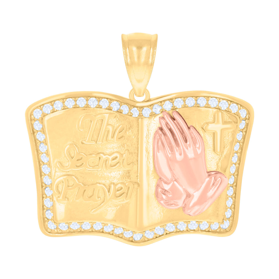 14kt Two-tone Gold Unisex Cubic-Zirconia The Secret Prayer Book Praying Hands Symbol Religious Charm Pendant