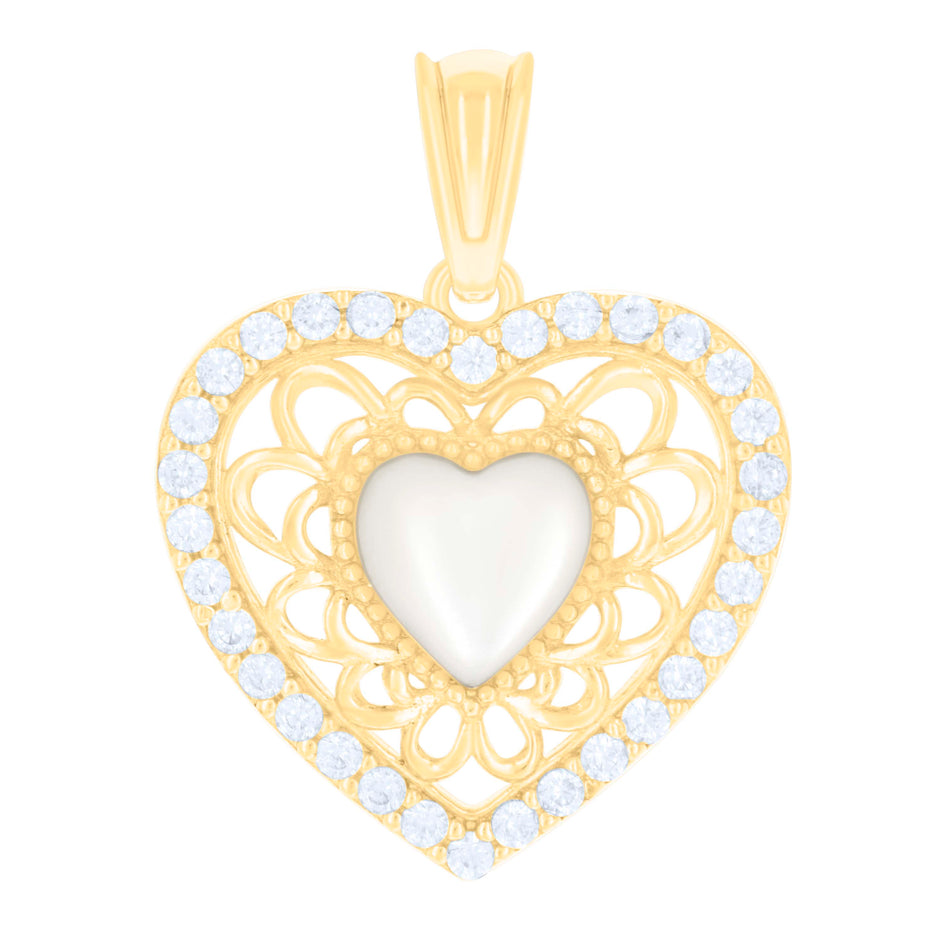 14kt Two-tone Gold Womens Cubic-Zirconia Heart Charm Pendant 