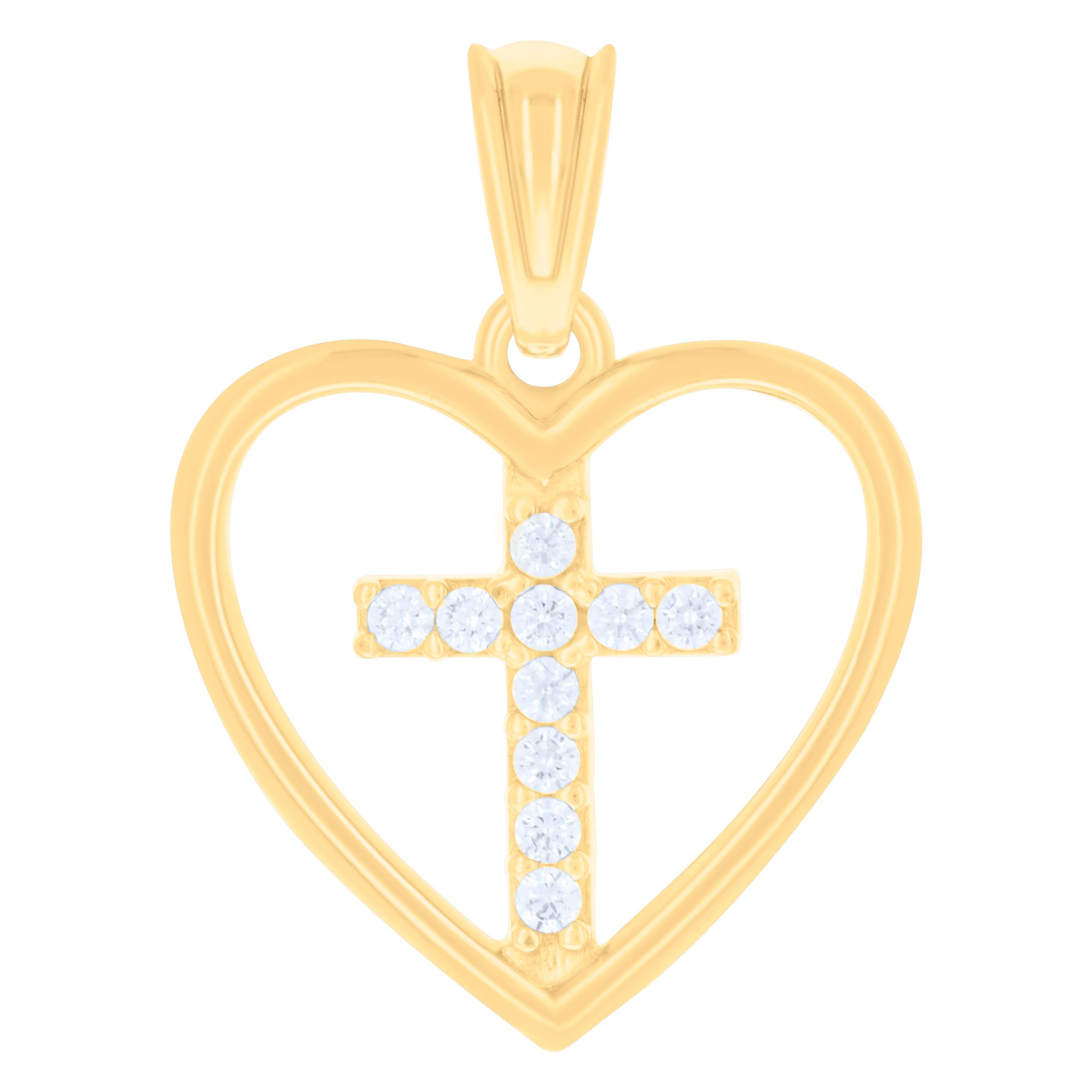 14kt Yellow Gold Womens Cubic-Zirconia Heart Cross Religious Charm Pendant