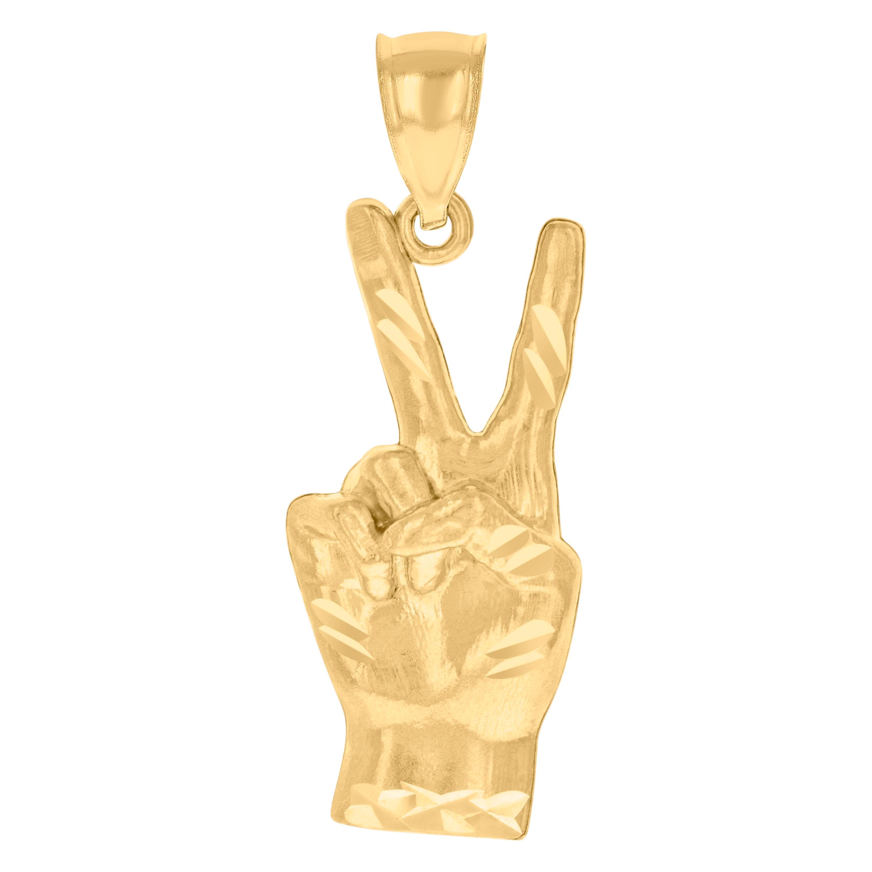 10kt Yellow Gold Unisex Peace Sign Victory Hand Symbol Fashion Charm Pendant