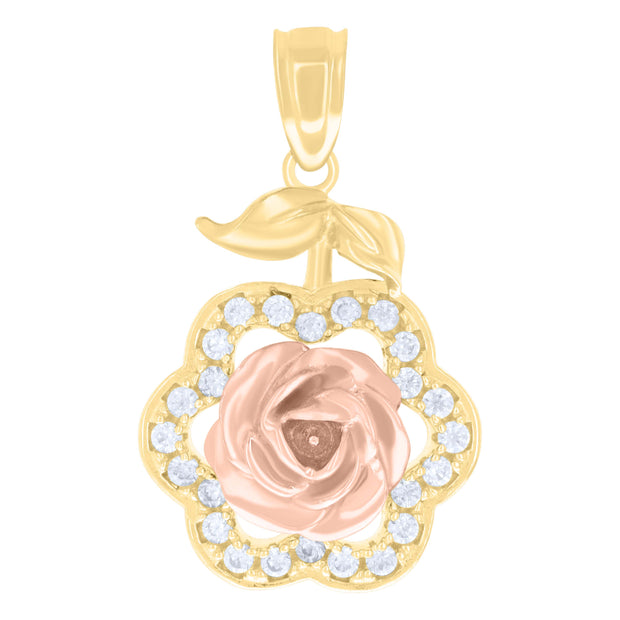 10kt Two-tone Gold Womens Cubic-Zirconia Rose Fashion Charm Pendant