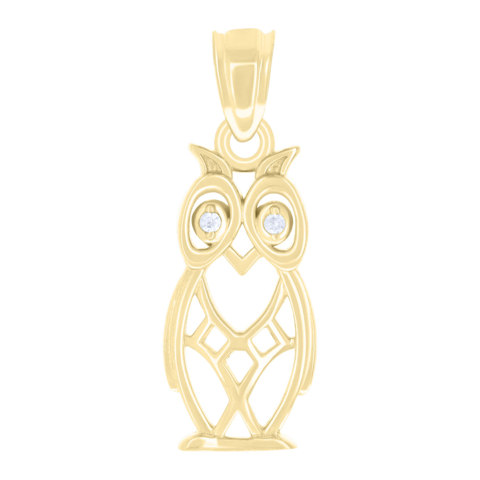 10kt Yellow Gold Womens Cubic-Zirconia Good Luck Owl Bird Wildlife Charm Pendant