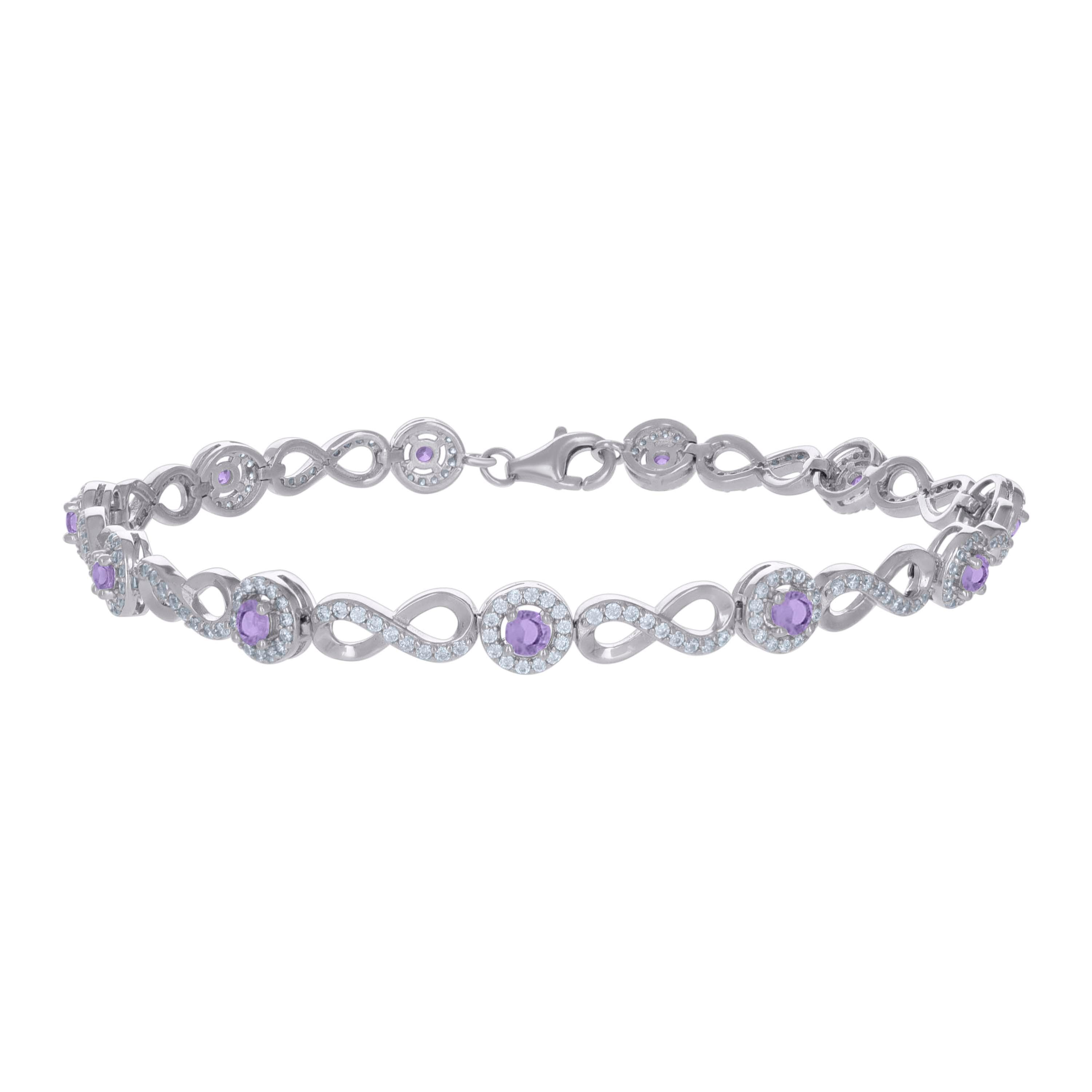 925 Sterling Silver Womens Purple White Cubic-Zirconia Infinity Tennis Bracelet