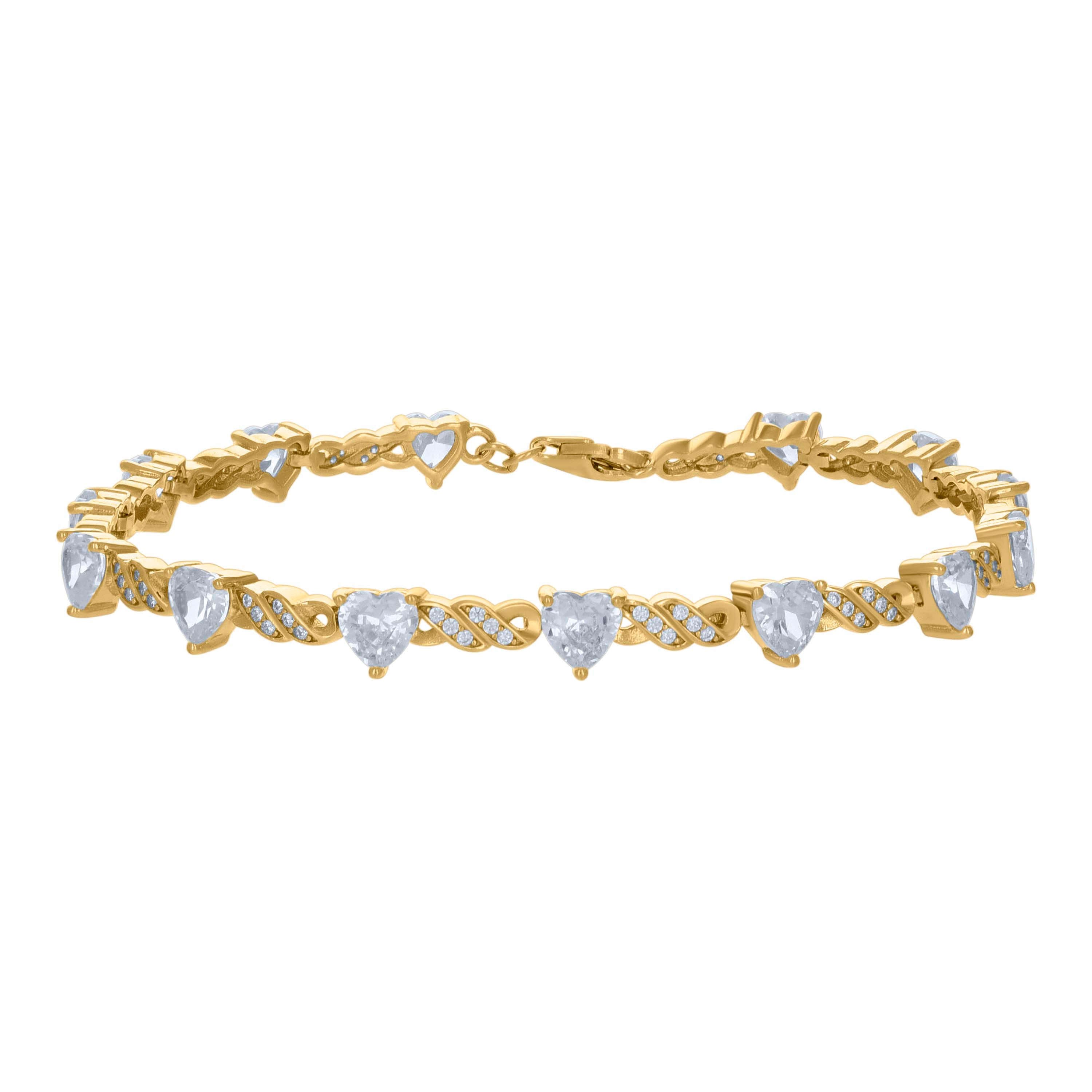 925 Sterling Silver Yellow-tone Womens Heart Round Cubic-Zirconia Heart Tennis Bracelet