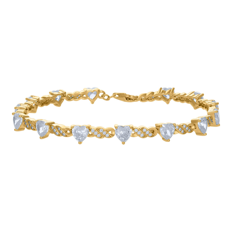 925 Sterling Silver Yellow-tone Womens Heart Round Cubic-Zirconia Heart Tennis Bracelet
