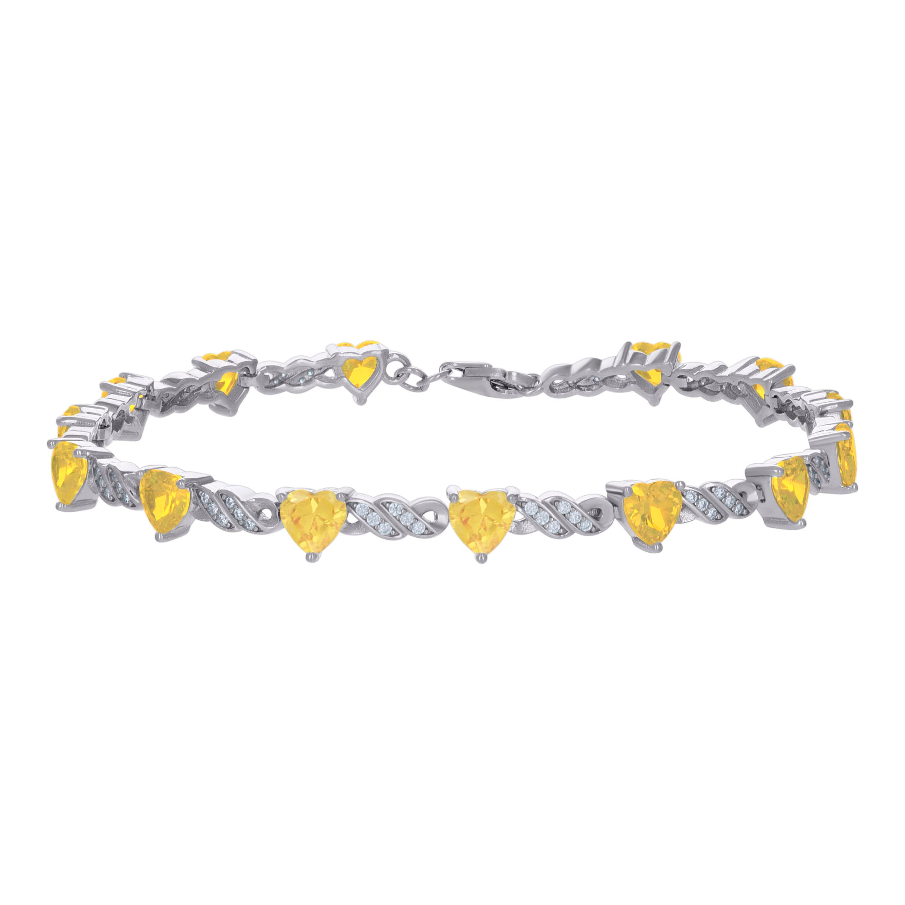 925 Sterling Silver Womens Yellow White Heart Round Cubic-Zirconia Heart Tennis Bracelet