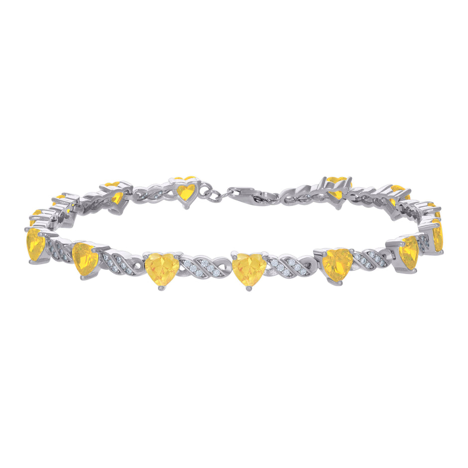 925 Sterling Silver Womens Yellow White Heart Round Cubic-Zirconia Heart Tennis Bracelet