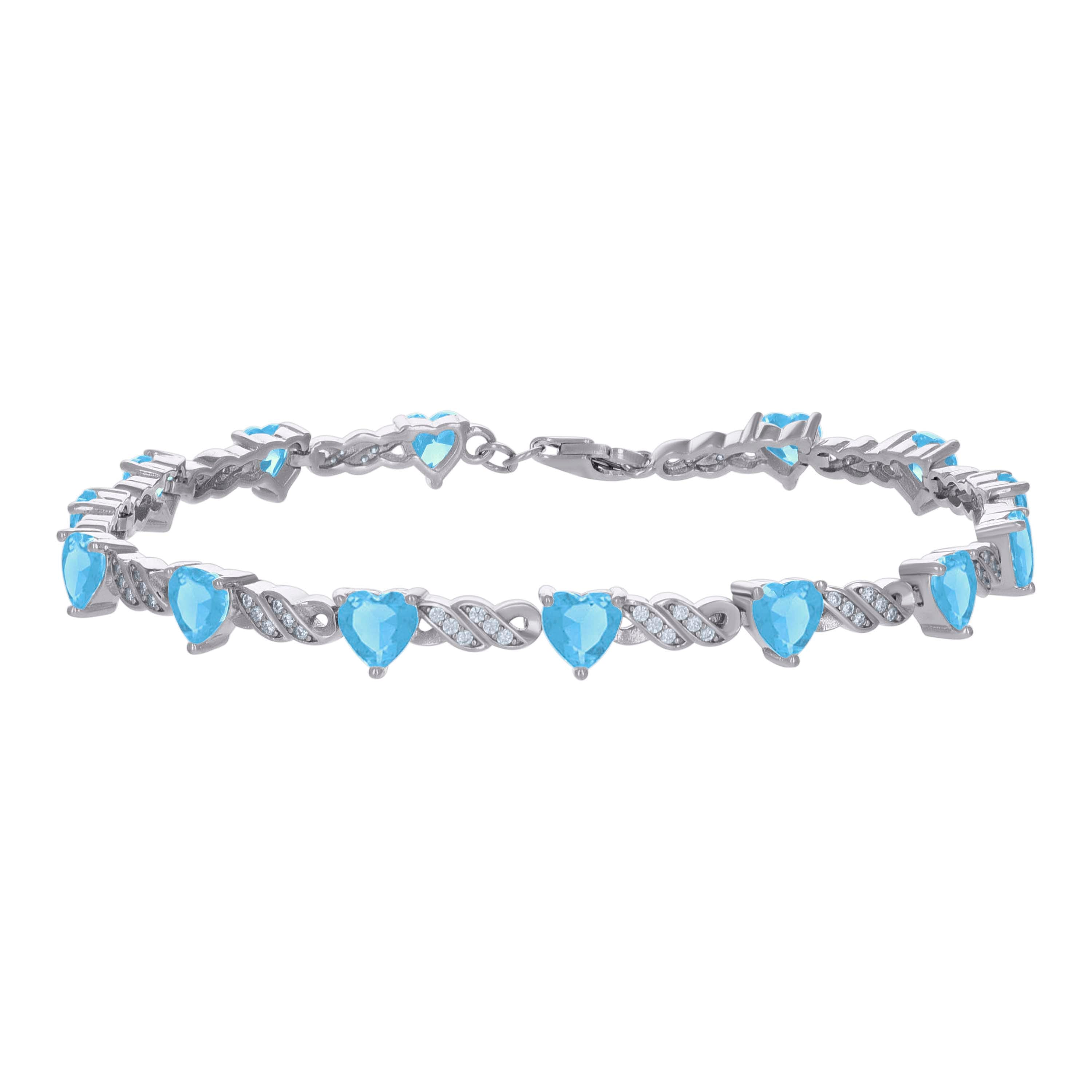 925 Sterling Silver Womens Aqua White Heart Round Cubic-Zirconia Heart Tennis Bracelet