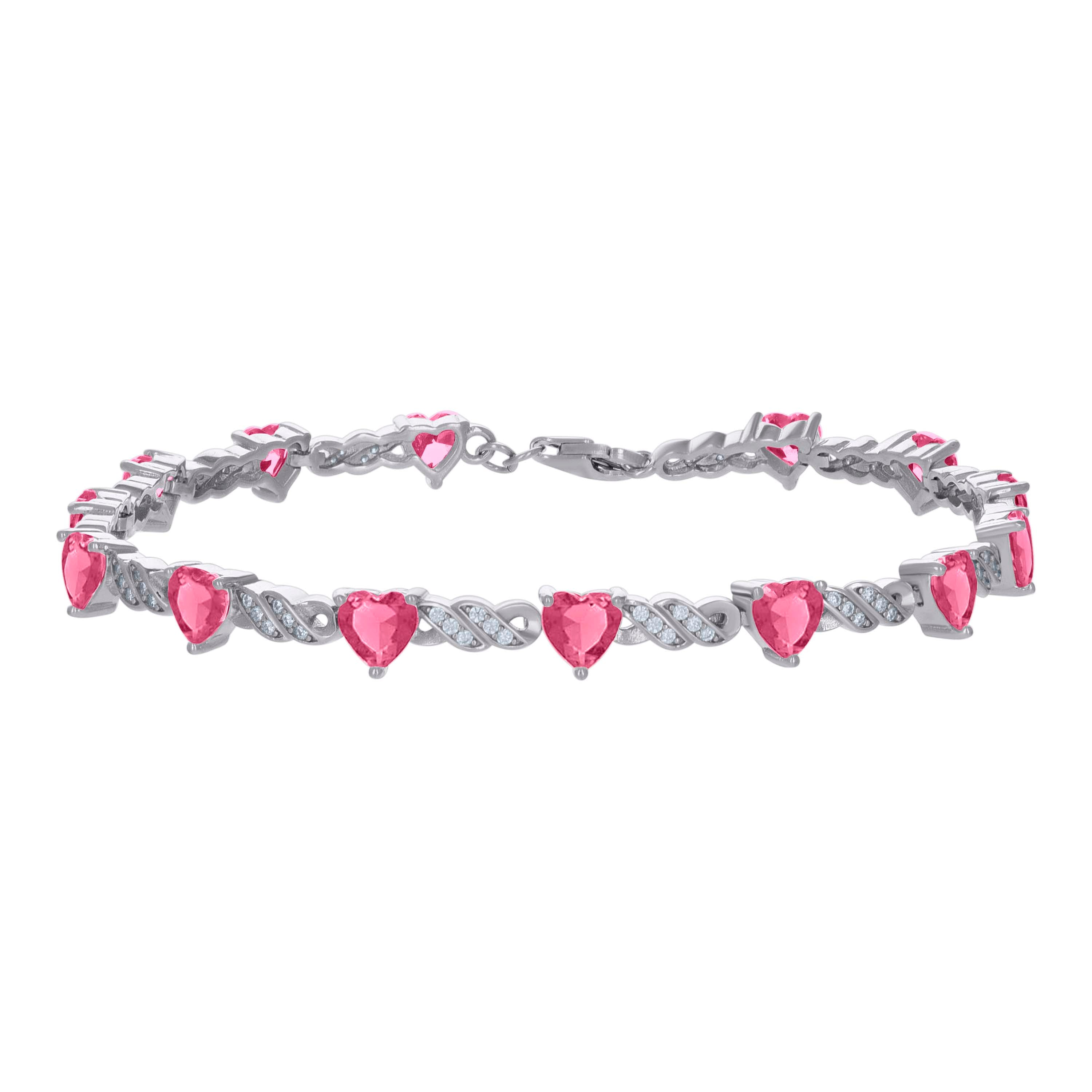 925 Sterling Silver Womens Red White Heart Round Cubic-Zirconia Heart Tennis Bracelet