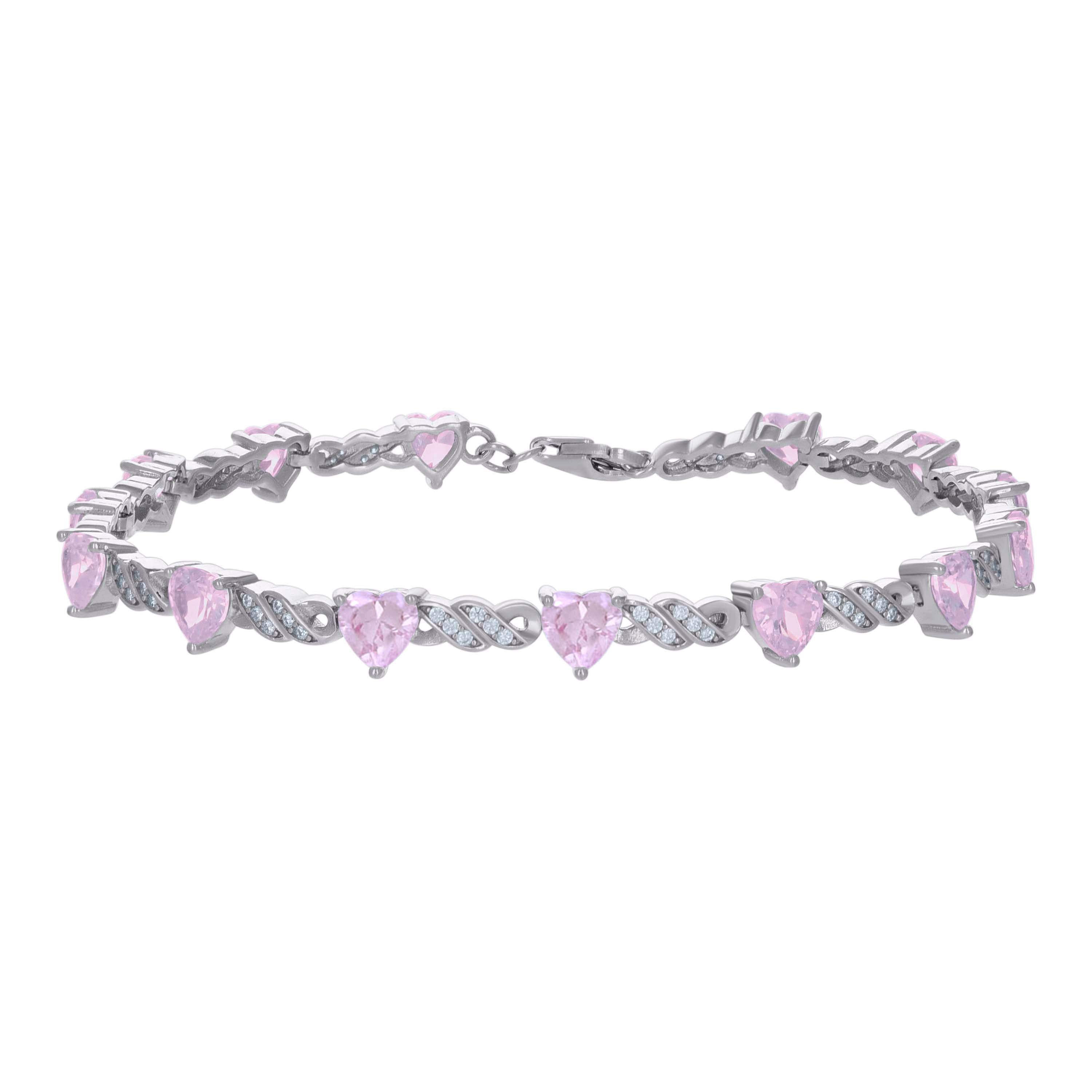 925 Sterling Silver Womens Pink White Heart Round Cubic-Zirconia Heart Tennis Bracelet
