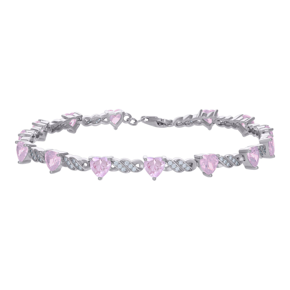 925 Sterling Silver Womens Pink White Heart Round Cubic-Zirconia Heart Tennis Bracelet