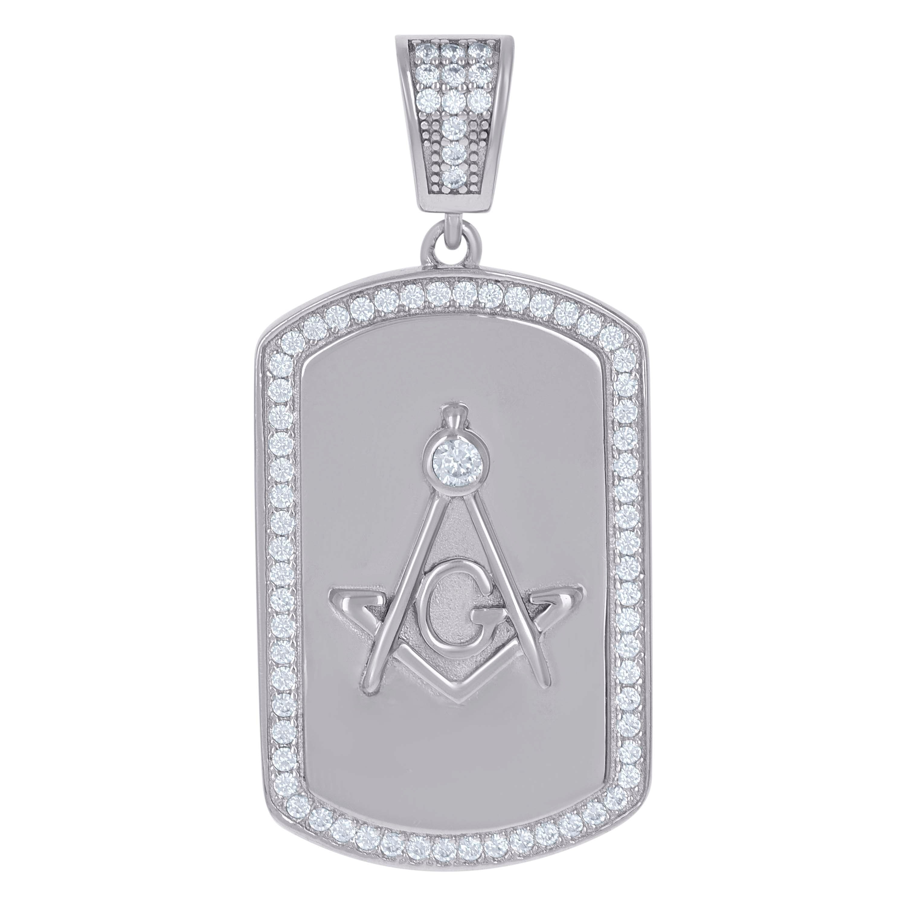 925 Sterling Silver Mens Cubic-Zirconia Masonic Dog Tag Charm Pendant