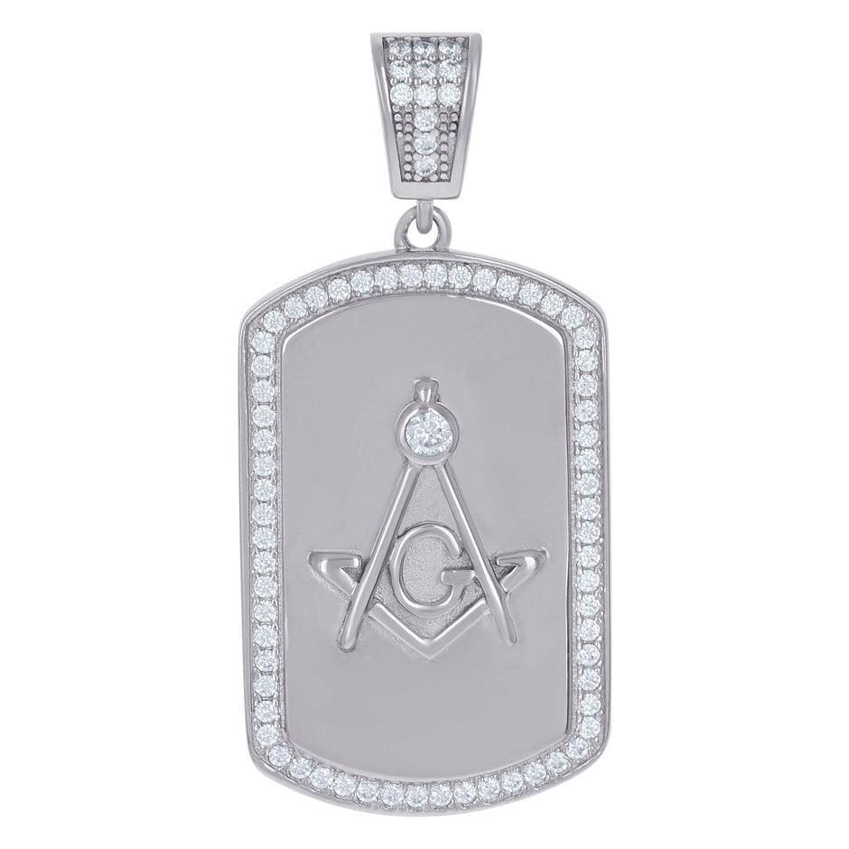925 Sterling Silver Mens Cubic-Zirconia Masonic Dog Tag Charm Pendant