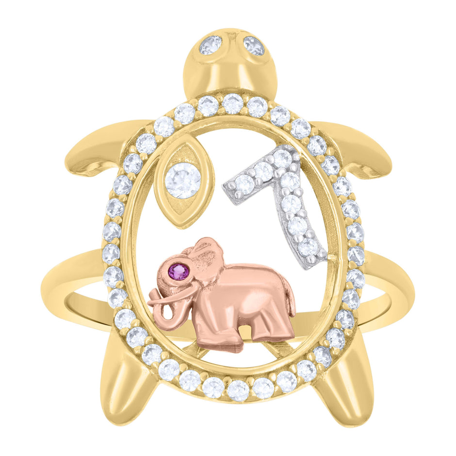 14kt Tri-Color Gold Womens Purple White Cubic-Zirconia Turtle Elephant Evil Eye 7 Good Luck Ring