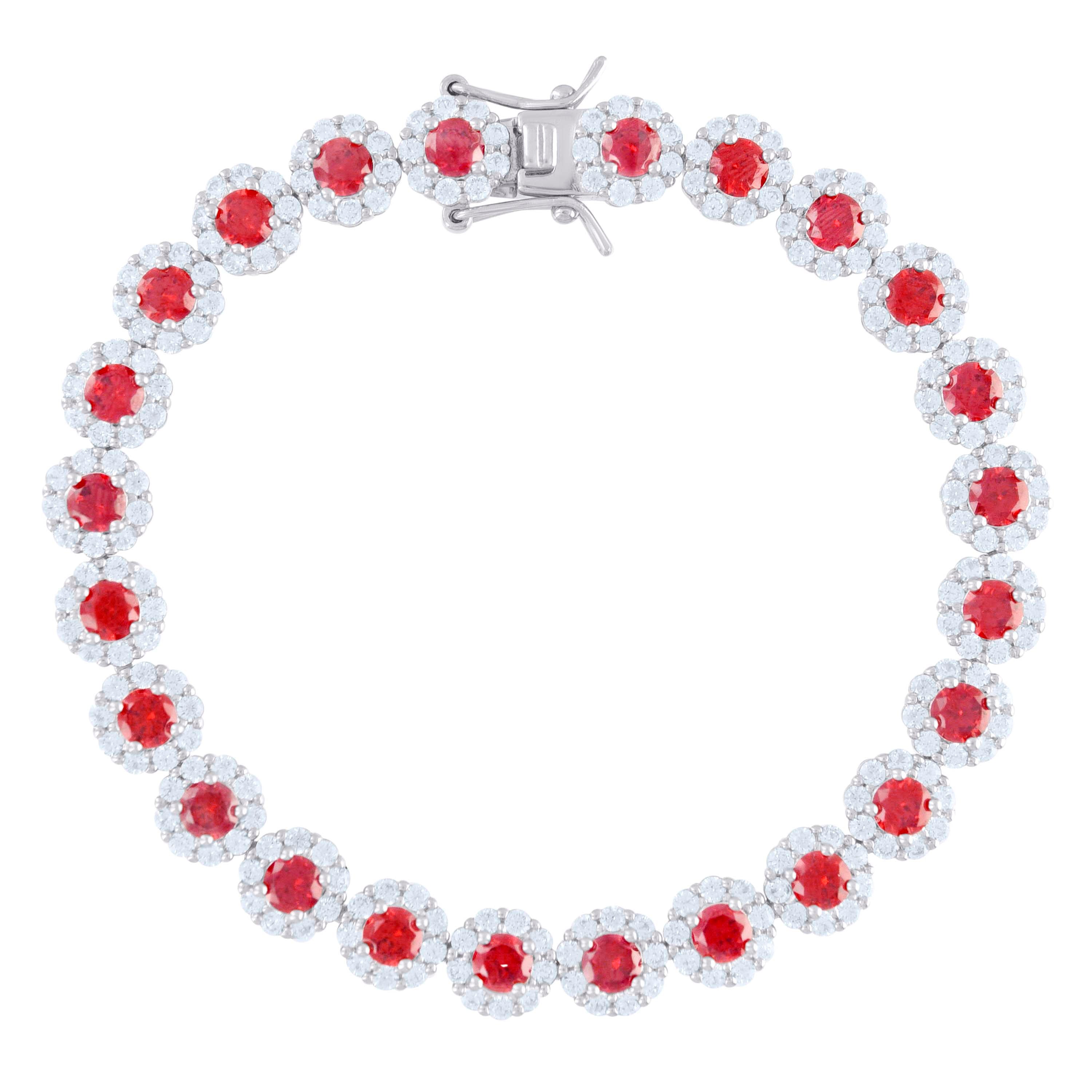 925 Sterling Silver Womens Red White Cubic-Zirconia Flower Link Bracelet