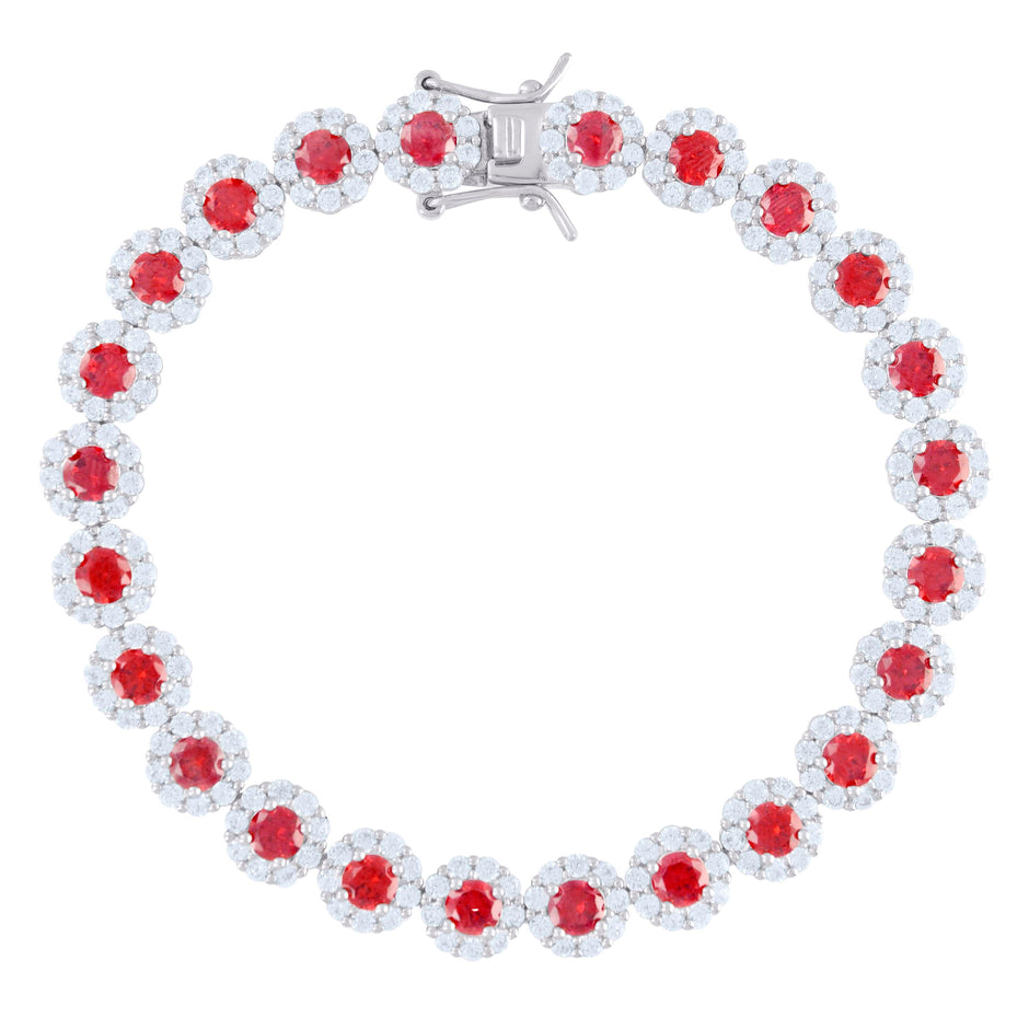 925 Sterling Silver Womens Red White Cubic-Zirconia Flower Link Bracelet