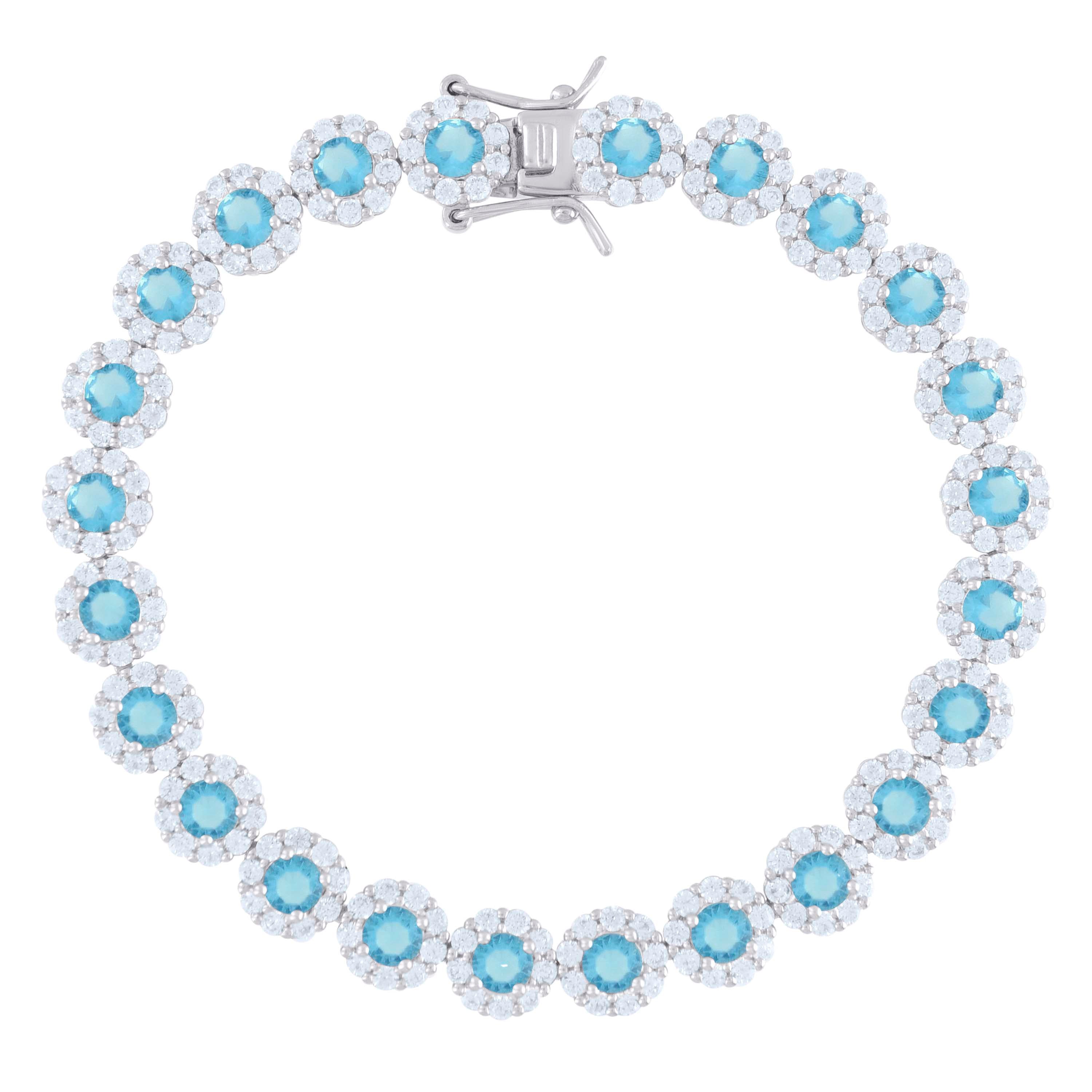 925 Sterling Silver Womens Blue White Cubic-Zirconia Flower Link Bracelet