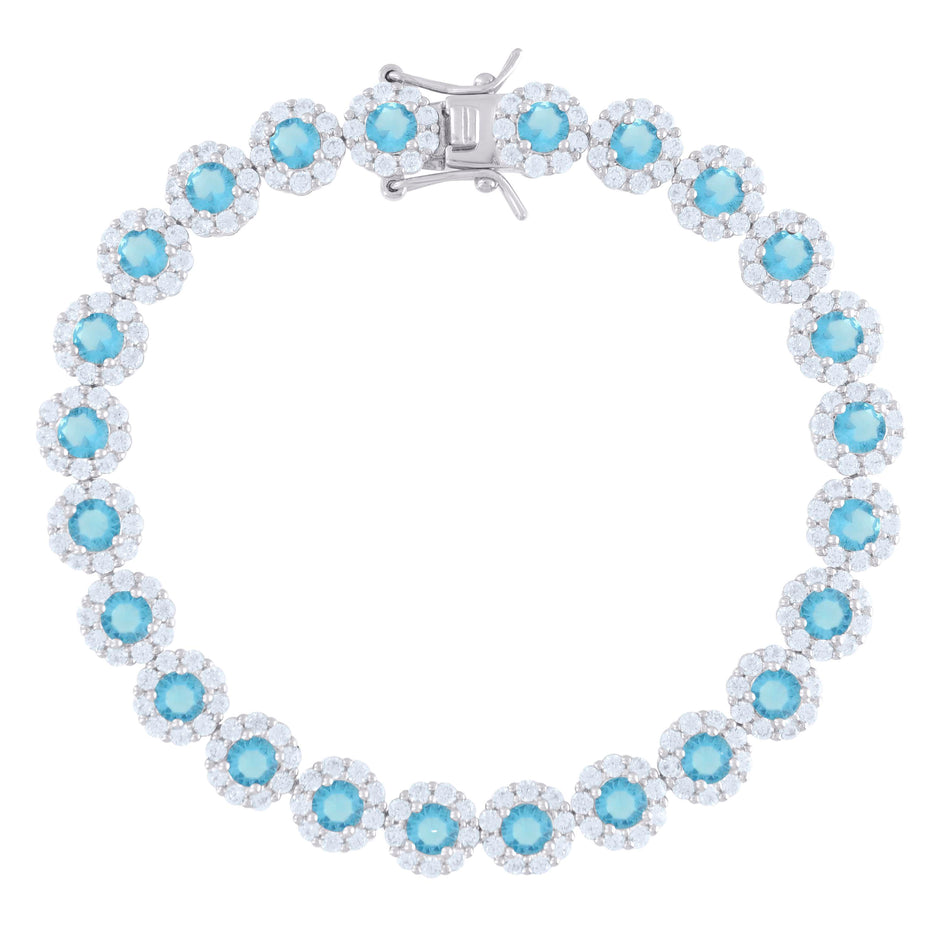 925 Sterling Silver Womens Blue White Cubic-Zirconia Flower Link Bracelet