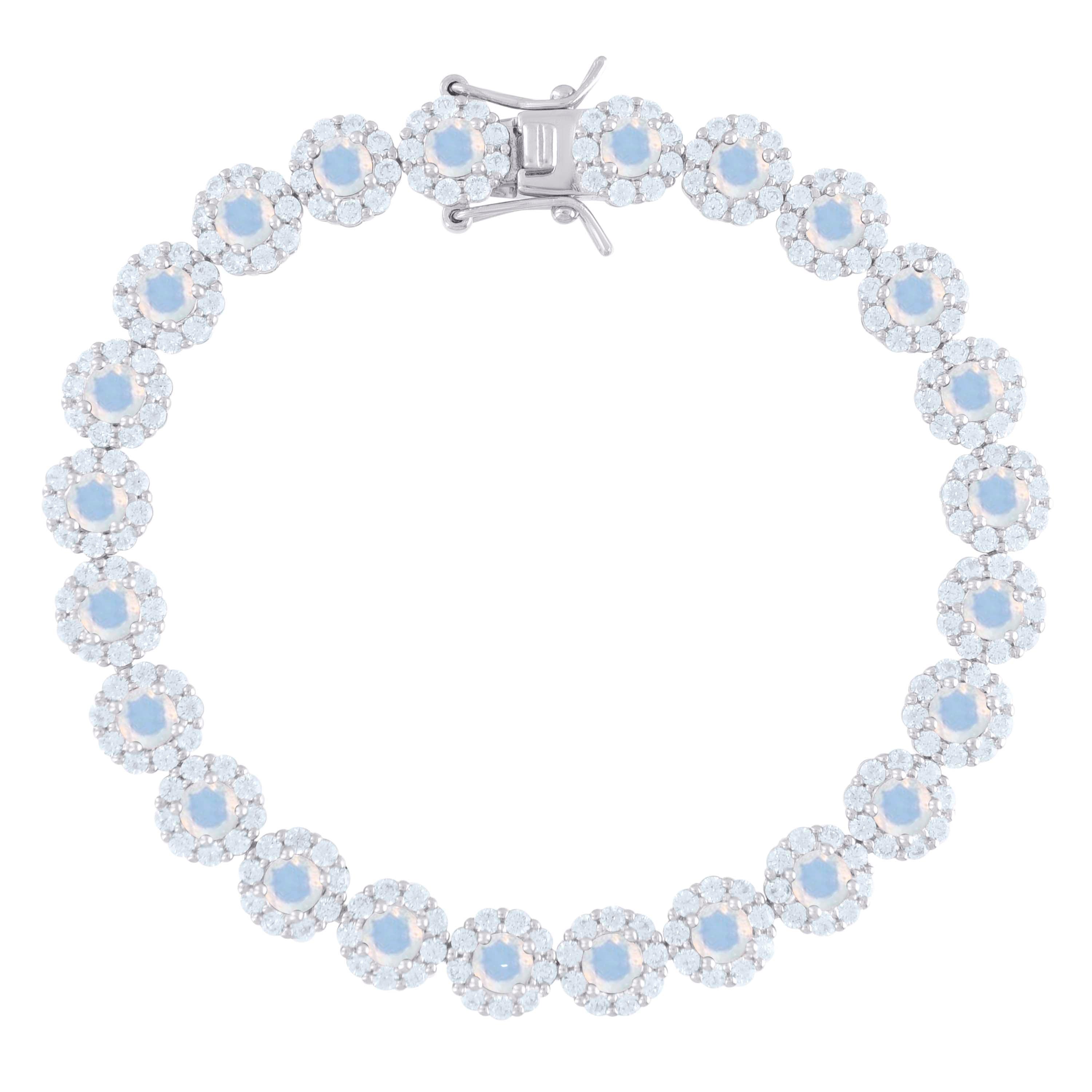 925 Sterling Silver Womens Blue White Cubic-Zirconia Flower Link Bracelet
