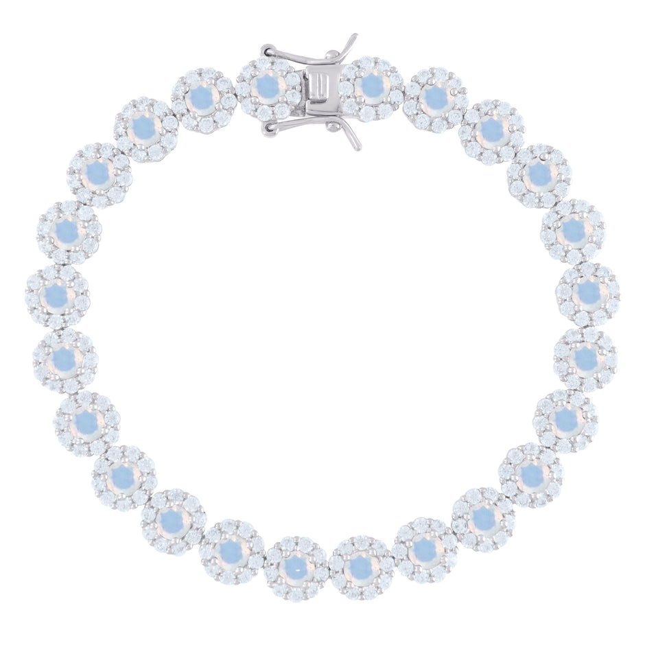 925 Sterling Silver Womens Blue White Cubic-Zirconia Flower Link Bracelet