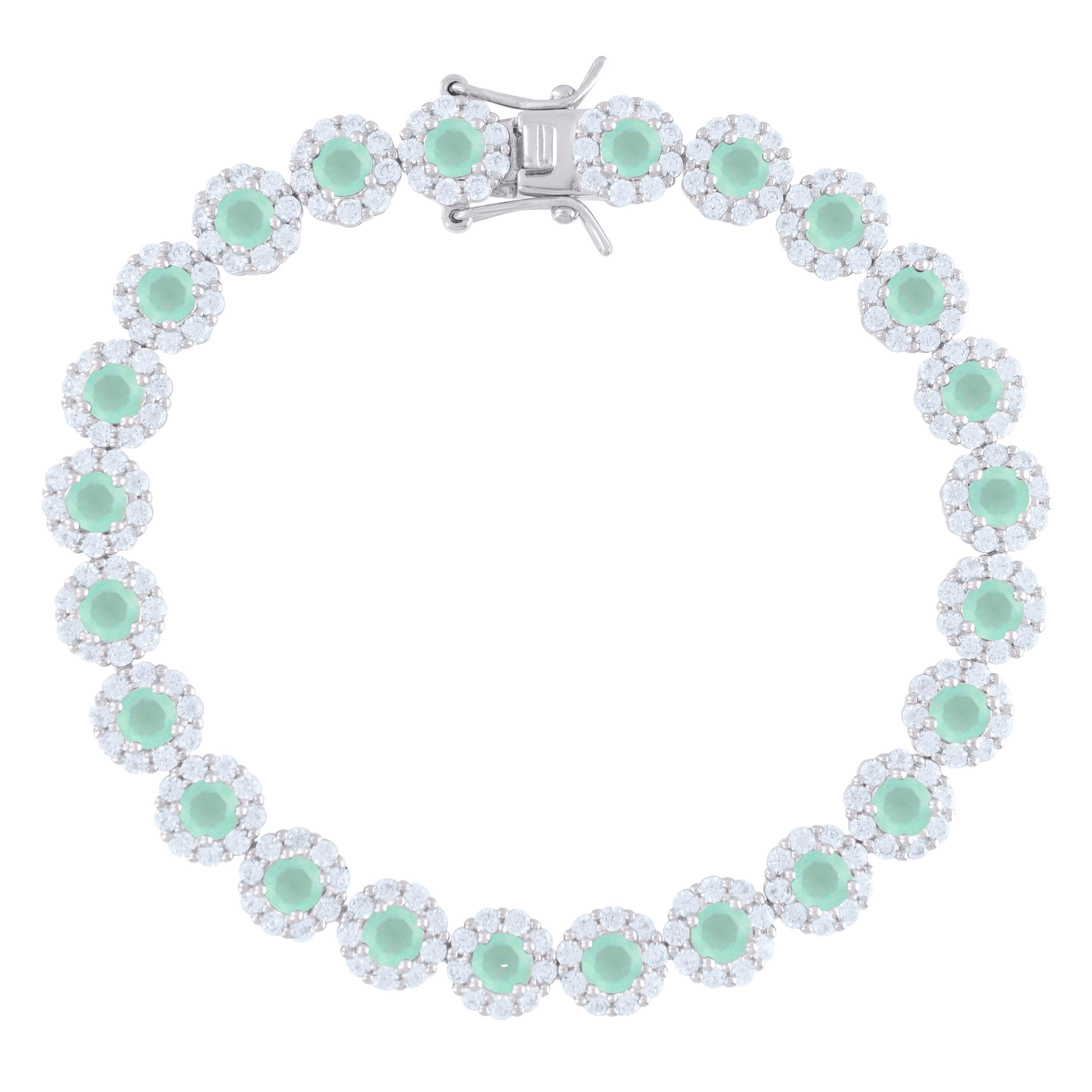 925 Sterling Silver Womens Green White Cubic-Zirconia Flower Link Bracelet