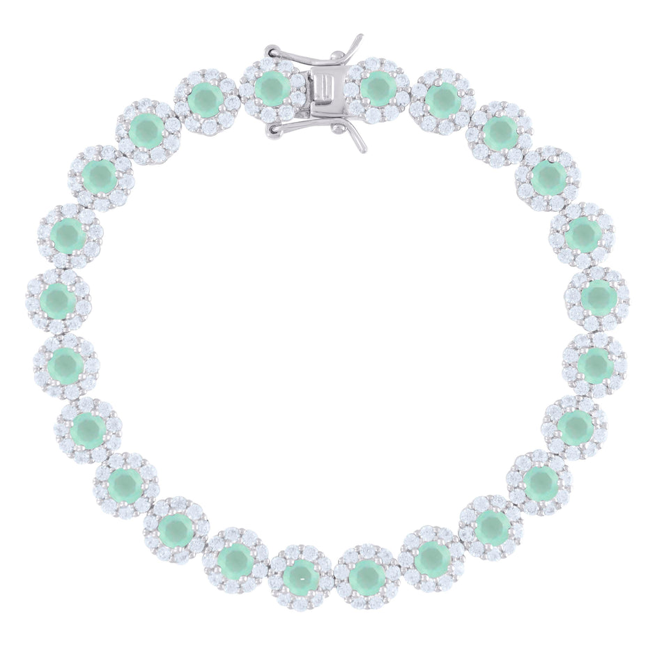 925 Sterling Silver Womens Green White Cubic-Zirconia Flower Link Bracelet