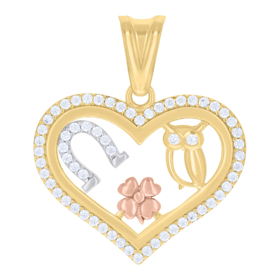 10kt Tri-Color Gold Womens Cubic-Zirconia Owl Horseshoe Clover Heart Good Luck Charm Pendant