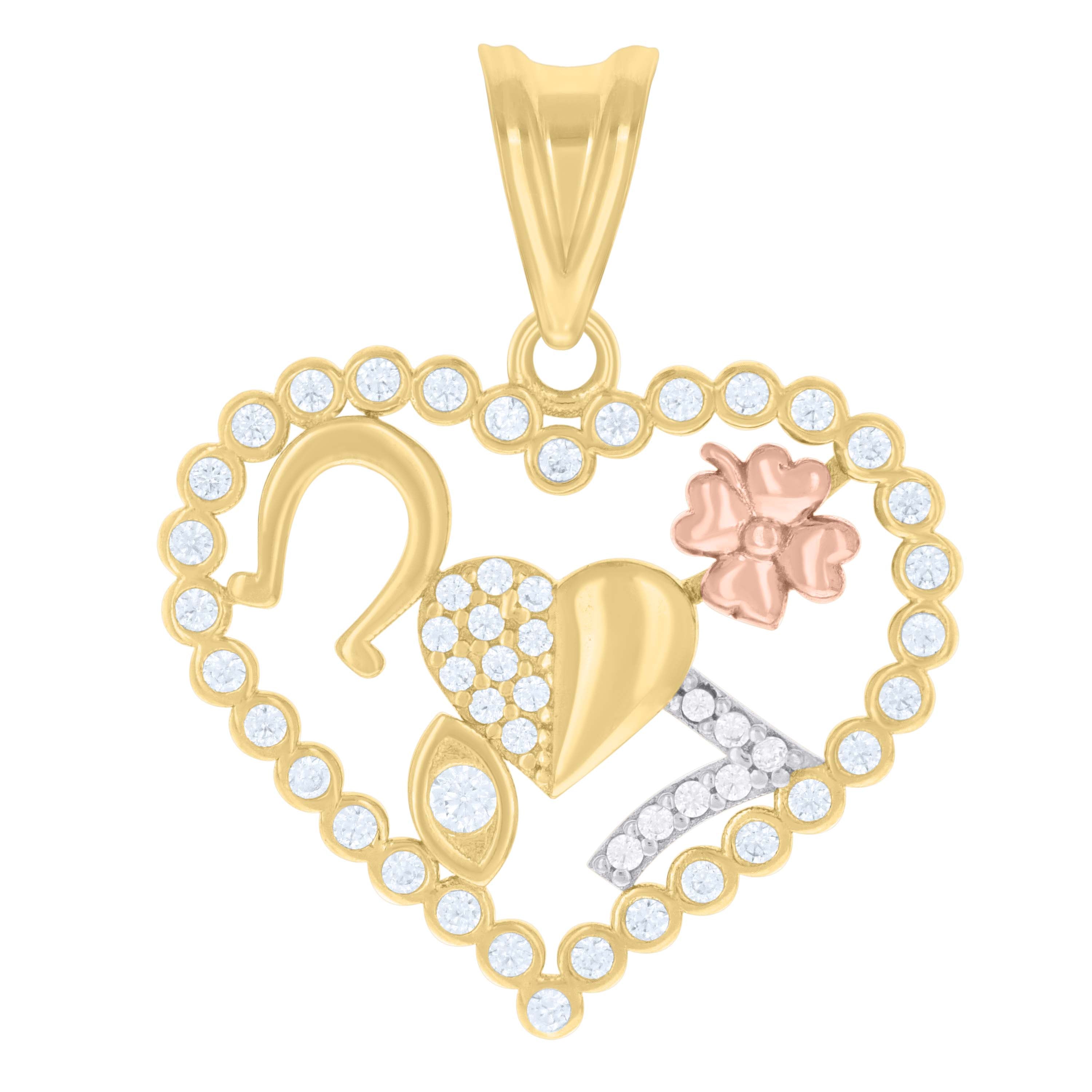 10kt Tri-Color Gold Womens Cubic-Zirconia Horseshoe Evil Eye 7 Clover Heart Good Luck Charm Pendant