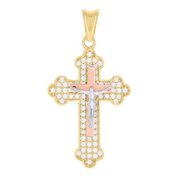 10kt Tri-Color Gold Womens Cubic-Zirconia Crucifix Cross Religious Charm Pendant