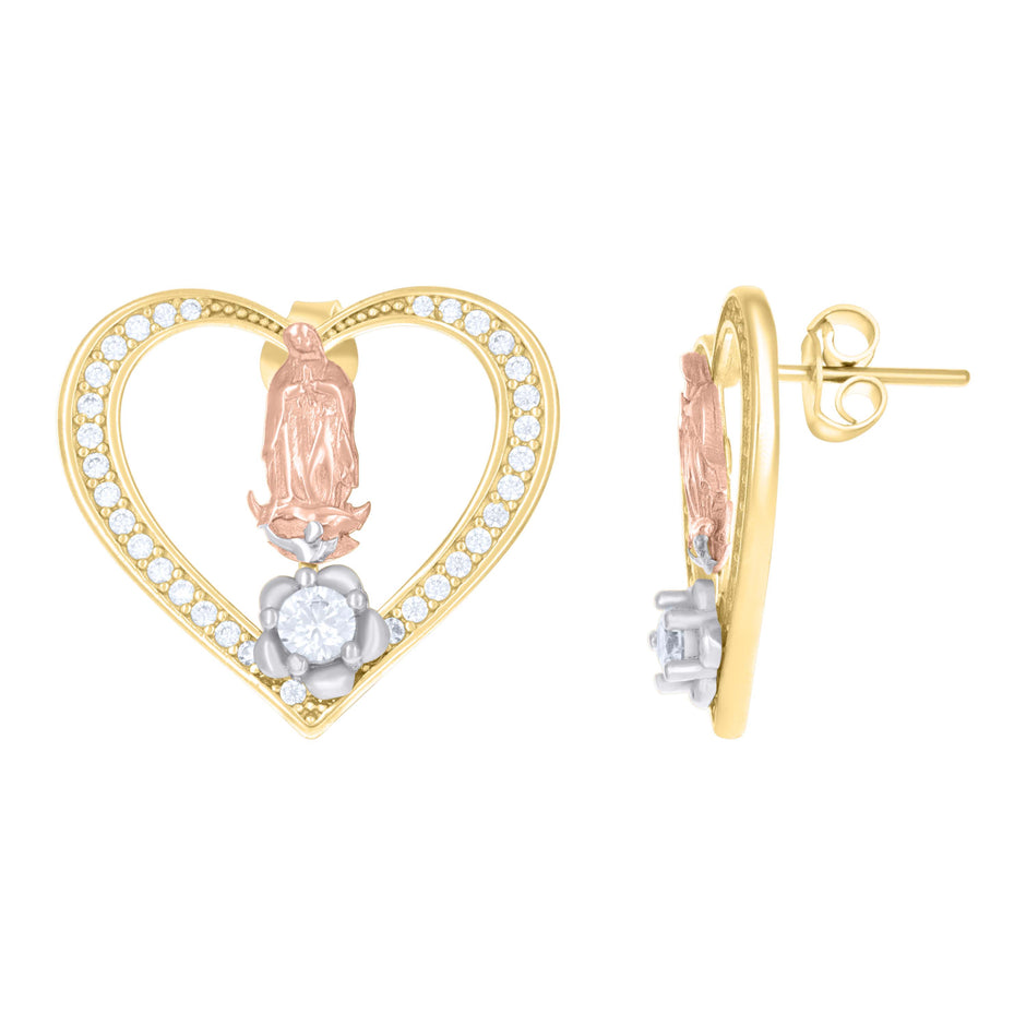 10kt Tri-Color Gold Womens Cubic-Zirconia Heart Guadalupe Religious Stud Earrings